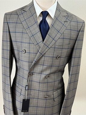 Gray Double-Breasted wool Suit with Blue Windowpane